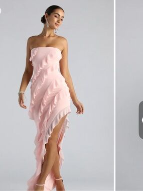 Windsor Pink Gabby Formal Mesh Strapless Ruffle Long Dress